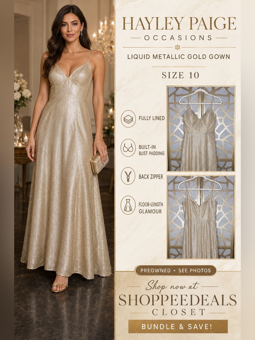 Hayley Paige Occasions Gold Liquid Metallic Formal Gown Size 10
